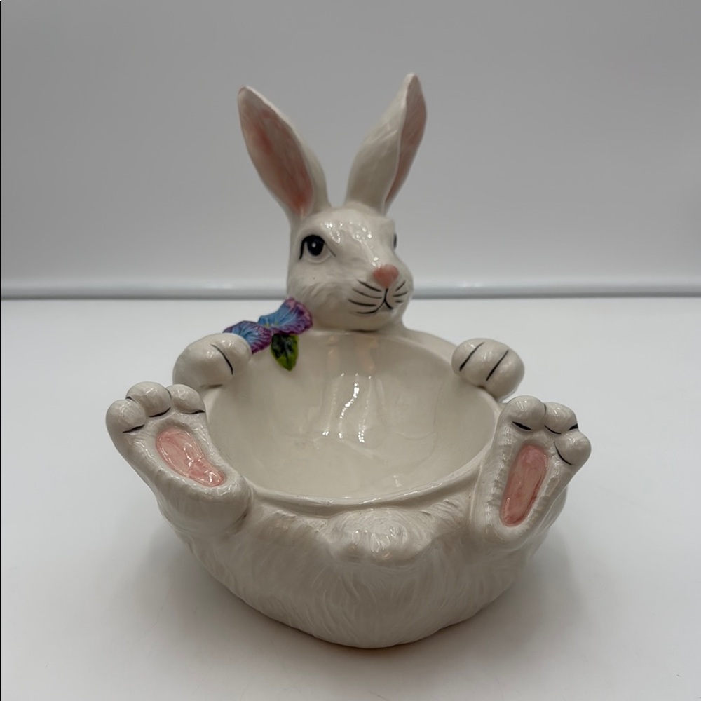 Blue Sky Clayworks BUNNY KISSES EASTER RABBIT LYING ON HIS BACK BOWL